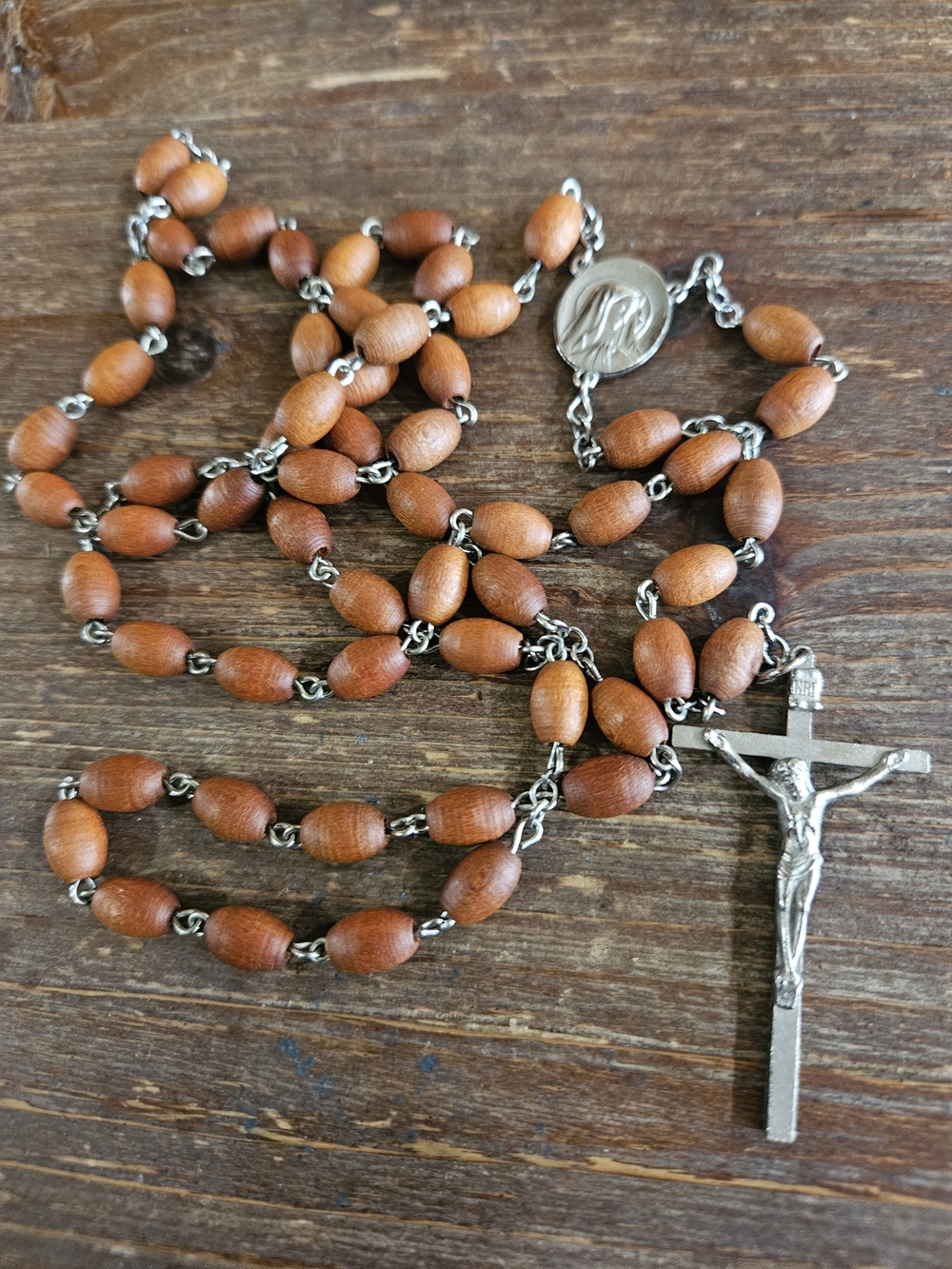 Brown Wood Bead Rosary Necklace with Silver Crucifix